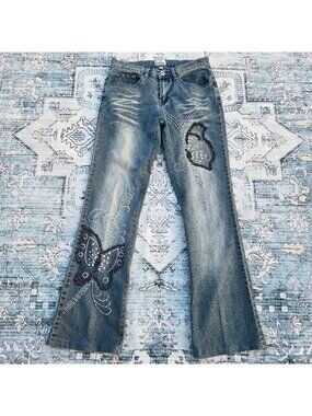 Y2K Bootcut Beaded Embroidered Butterfly Jeans US Size 5 Blue Mid Rise